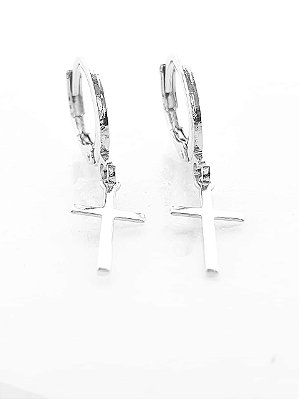 Brinco Masculino Par Argola Com Cruz Lisa Banhada A Ouro Branco BRI135