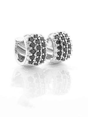 Brinco Masculino Par Argola Cravejada Com 16 Pedras Pretas (13X7,5mm) Banhada A Ouro Branco