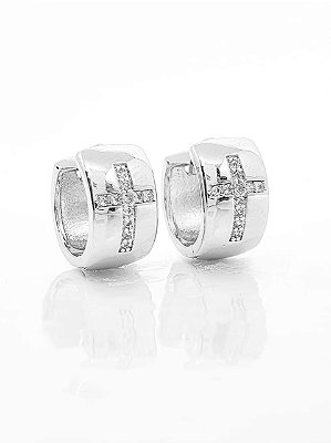 Brinco Masculino Par Argola Com Cruz Cravejada (13,2X7mm) Banhada A Ouro Branco