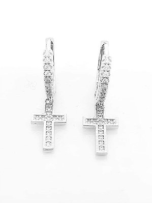 Brinco Masculino Par Argola Cravejada Com Cruz Pendurada Banhada A Ouro Branco BRI011