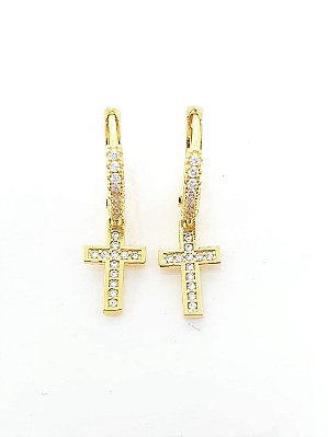 Brinco Masculino Par Argola Cravejada Com Cruz Pendurada Banhada A Ouro 18k BRI069