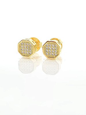 Brinco Masculino Par Octagonal Cravejado Com 16 Pedras (7,4X7,4mm) Banhada A Ouro 18K BRI107