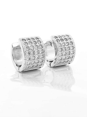Brinco Masculino Par Argola Quadrada Cravejada Com 28 Pedras (12,3X8,7mm) Banhada A Ouro Branco BRI066