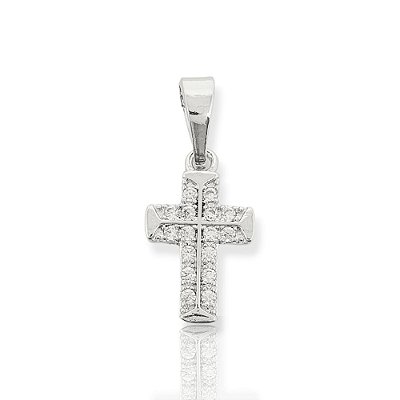 Pingente Cruz Cravejada 2 Fileiras (13,5x10mm) Banhado A Ouro Branco PIN098