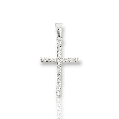 Pingente Cruz Palito Chapada Cravejada (22X14,2mm) Banhado A Ouro Branco PIN009