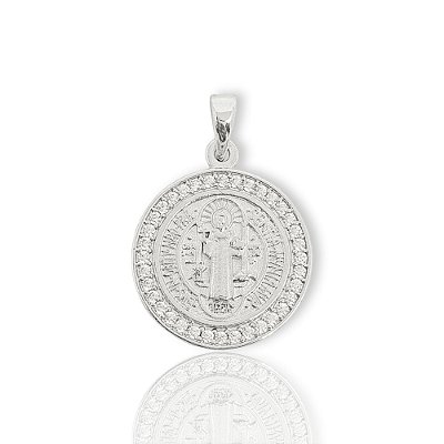 Pingente São Bento Cravejado (18,5mm) Banhado A Ouro Branco PIN021