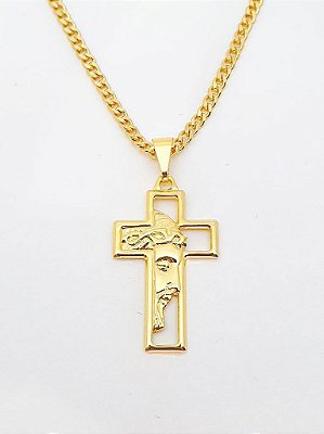 Pingente Cruz Com Rosto De Cristo Vazada (16x27mm) Banhada A Ouro 18k PIN043