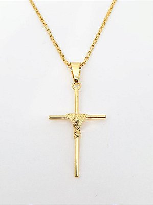 Pingente Cruz Palito Trançada (20x32mm) Banhada A Ouro 18k PIN073