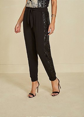 Calça paetê lateral cinto festa miravest