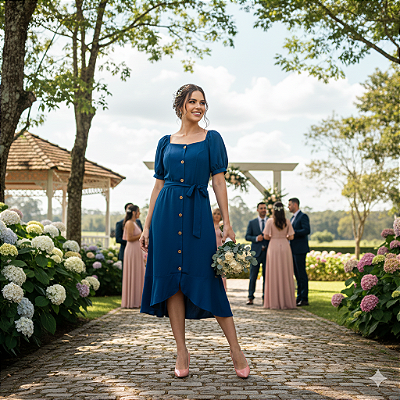 Vestido midi manga capim rosa
