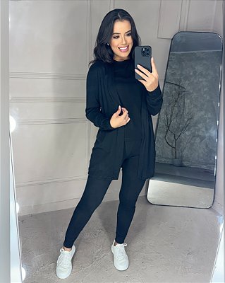 Tri-conjunto blusa, cardigan e calça lanzinha