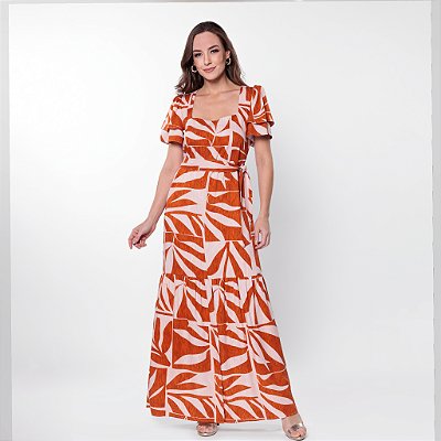 Vestido longo de manga capim rosa