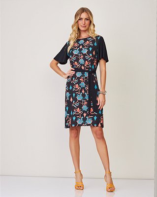 Vestido de sedinha floral costa malha preto realist