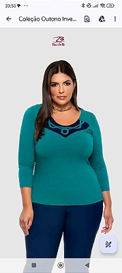Blusa manga 3/4 azul com verde barrielli