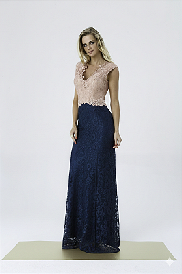 Vestido longo de renda rosa e azul miravest