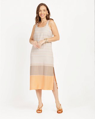 Vestido regata com fenda lateral linho listrado medi modas