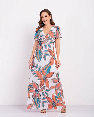 Vestido longo de manga tecido capim rosa