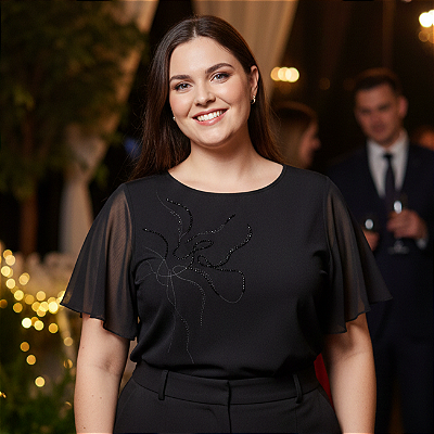 Blusa de canutilho preto com manga de tule Miravest