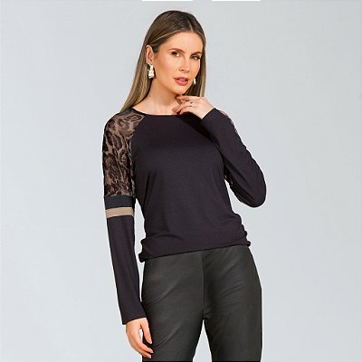 Blusa comprida de manga tule com detalhes em onça miravest