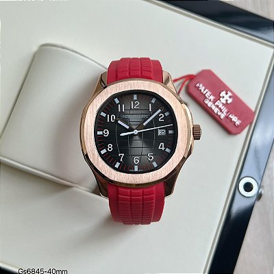 BASE ETA ( CLONE ) PATEK PHILIPPE NAUTILUS AUTOMÁTICO PULSEIRA VERMELHA FUNDO PRETO