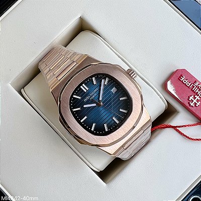 BASE ETA ( CLONE ) PATEK PHILIPPE NAUTILUS AUTOMÁTICO FUNDO AZUL ROSÉ