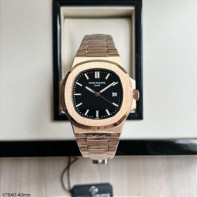 BASE ETA ( CLONE ) PATEK PHILIPPE NAUTILUS AUTOMÁTICO FUNDO PRETO ROSÉ
