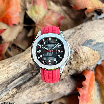 BASE ETA ( CLONE ) PATEK PHILIPPE NAUTILUS AUTOMÁTICO PRATA FUNDO VERMELHO