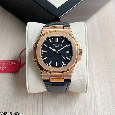 BASE ETA ( CLONE ) PATEK PHILIPPE NAUTILUS AUTOMÁTICO PULSEIRA COURO FUNDO PRETO