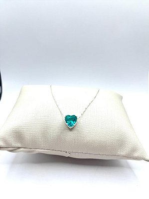 Colar Coração Luxo com Zircônia Cravejada Verde 45cm - Prata 925