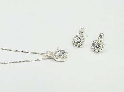 Conjunto Luxo Quadrado com Zircônias Cravejadas Cristal 45cm - Prata 925