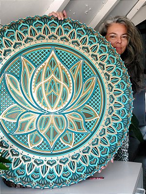 Mandala 3D 8C Flor de Lótus | Tons de turquesa e ouro (do 25cm ao 90cm)