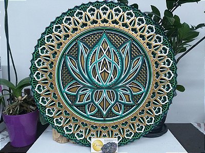 Mandala 3D 8C Flor de Lótus | Verde, branco e ouro (do 25cm ao 90cm)
