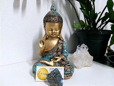 Buda 27cm Baby Karana Mudra | Verde turquesa e Ouro