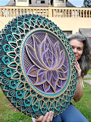 Mandala 3D 8C Flor de Lótus | Liláses e turquesas (do 25cm ao 90cm)
