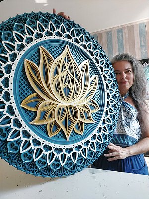 Mandala 3D 8C Flor de Lótus | Petróleo, branco e ouro (do 25cm ao 90cm)
