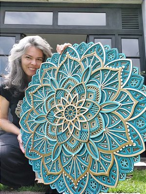 Mandala 3D 9C Dhalia | Turquesa e ouro (do 25cm ao 90cm)