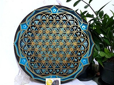 Mandala 3D 4C Flor da Vida | Azul turquesa, negro e dourado (do 30cm ao 70cm)