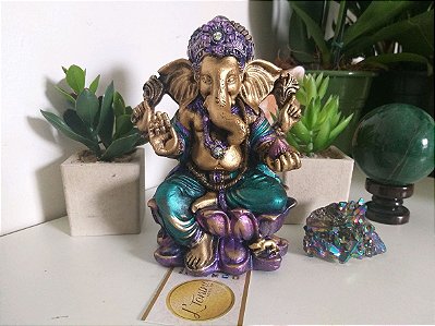 Ganesha 15cm | Verde turquesa, violeta e ouro