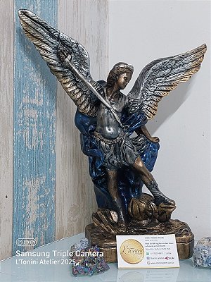 Arcanjo Miguel 38cm | Bronze, azul e prata envelhecida