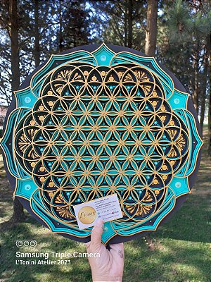 Mandala 3D 4C Flor da Vida | Verde turquesa, negro e dourado (do 30cm ao 70cm)