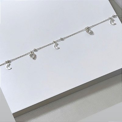 Tornozeleira Prata Bolinha, Lua Vazada e Coração