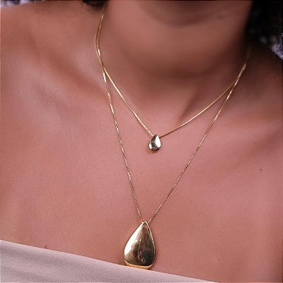 Colar Corrente Duplo com Pingentes de Gota Lisa Dourado