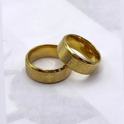 Anel Aliança Oração Pai Nosso Aço Inox Dourado Unissex