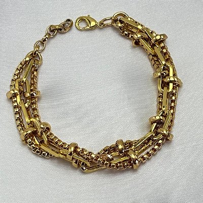 Pulseira Elos Detalhados e Corrente Dourada