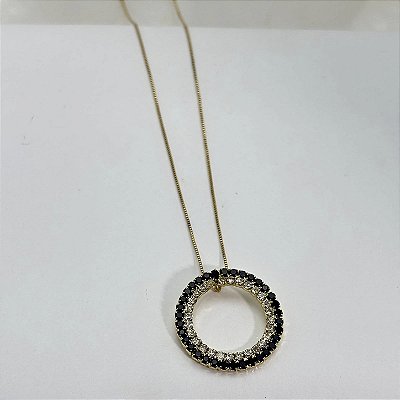 Colar Mandala Círculo Duplo com Zircônias Pretas e Cristais Dourado
