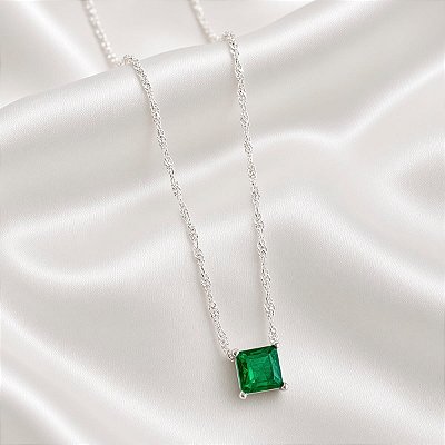 Colar Prata 925 com Pingente Quadrado Zircônia Esmeralda