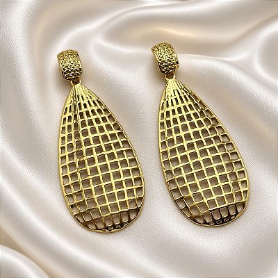 Brinco Maxi Gota Vazada Tela Quadriculada Dourado