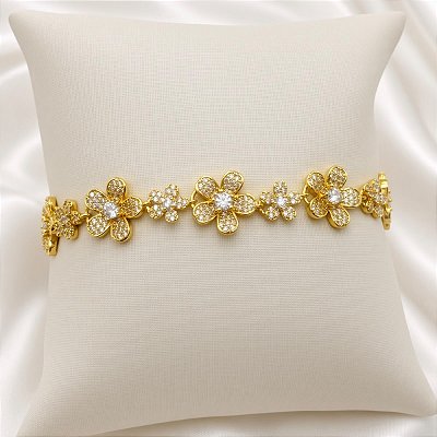Pulseira Flores Cravejadas em Zircônias Banhada a Ouro