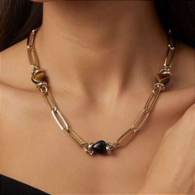 Conjunto Colar e Pulseira Elo Cartier com Pedras Olho de Tigre Coração Dourado