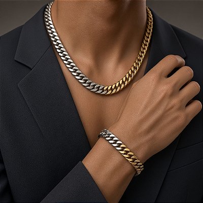 Conjunto Corrente e Pulseira Elo Grumet Duplo Banhado a Ouro e Ródio